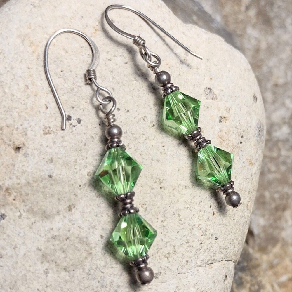 Dainty Green Apple Crystal Sterling Silver .925 Beaded Earrings Vintage